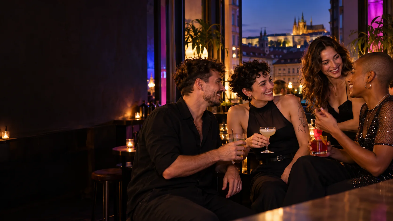 A mixed group of LGBTQ+ friends starting a night out in Prague