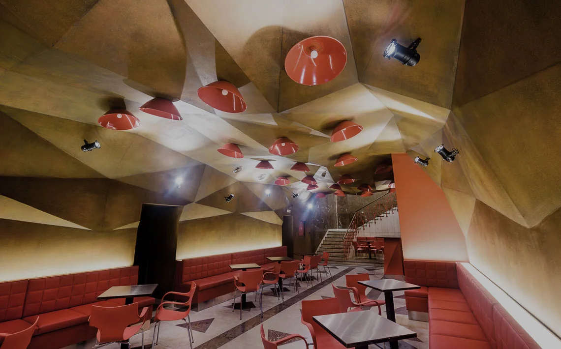 The downstairs bar and cultural space inside Rock Café Prague
