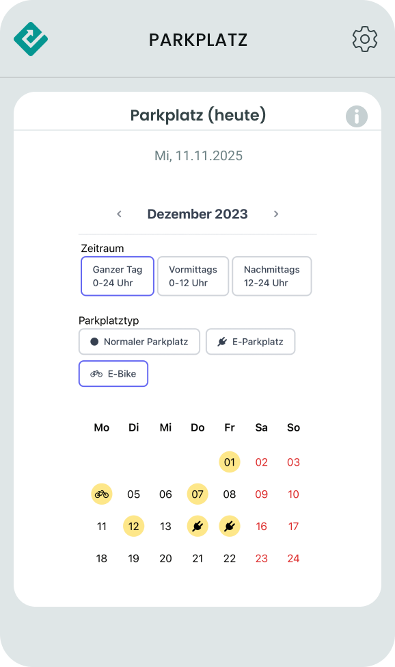 Man sieht einen Ausschnitt der mobilen ParkEfficient App. Zu sehen ist der Buchungsprozess. Der User kann zwischen verschiedenen Buchungsoptionen wählen. Dazu gehören die ganztägige oder halbtägige Buchung, die Wahl des Fahrzeugs oder die Auswahl des Buchungstages via Kalender.