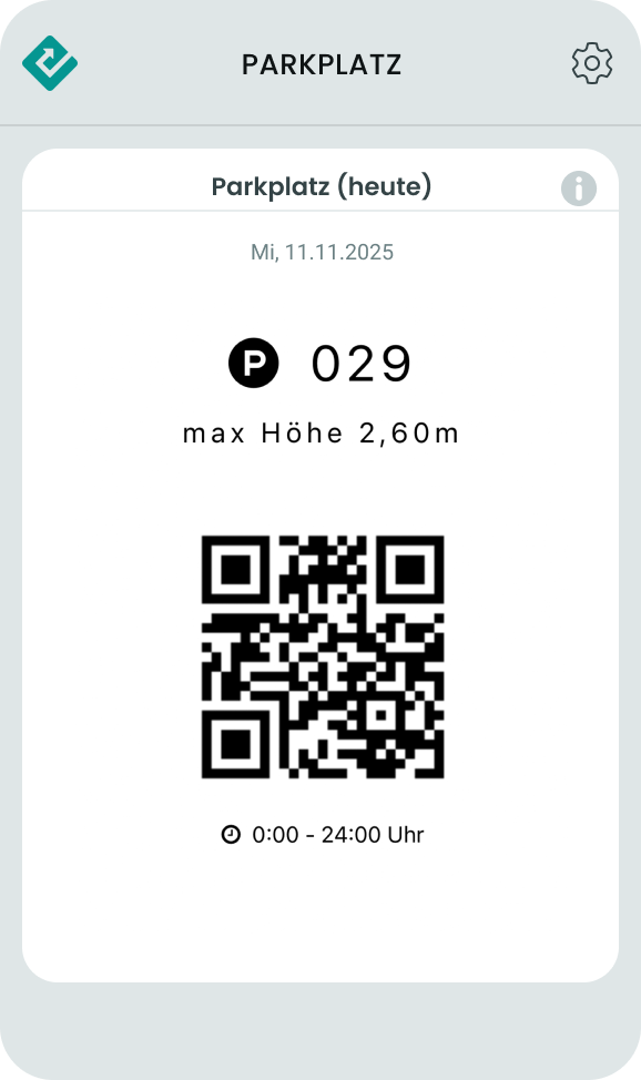 Man sieht einen Ausschnitt der ParkEfficient App. Im Zentrum steht ein QR-Code und die Informationen des gebuchten Parkplatzes.
