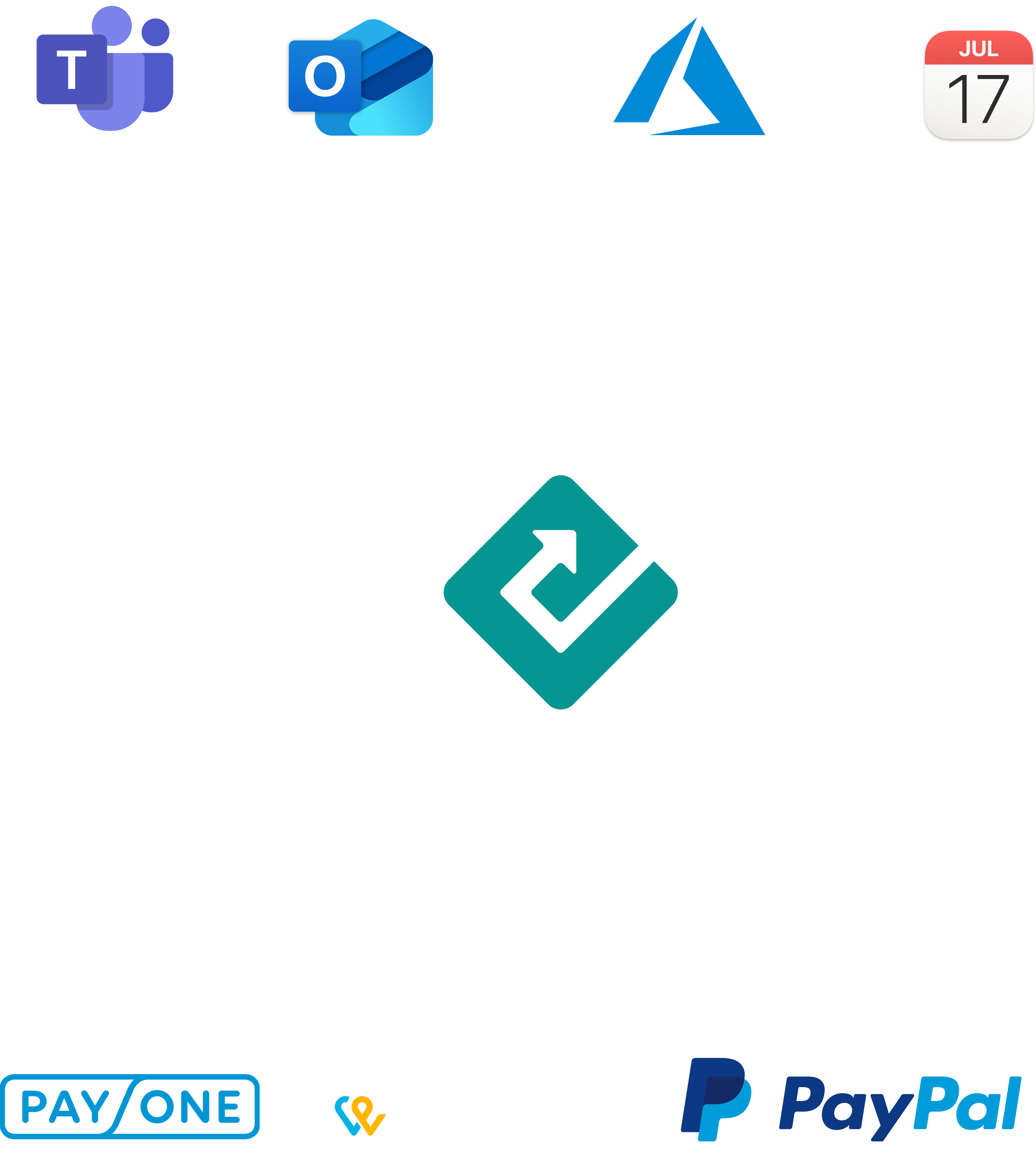 Diagramm zur Integration von Business-Anwendungen und Zahlungsdiensten: Logos von Teams, Outlook, Azure und Kalender sind über einen zentralen Knoten mit den Zahlungsanbietern PayOne, TWINT und PayPal verbunden.