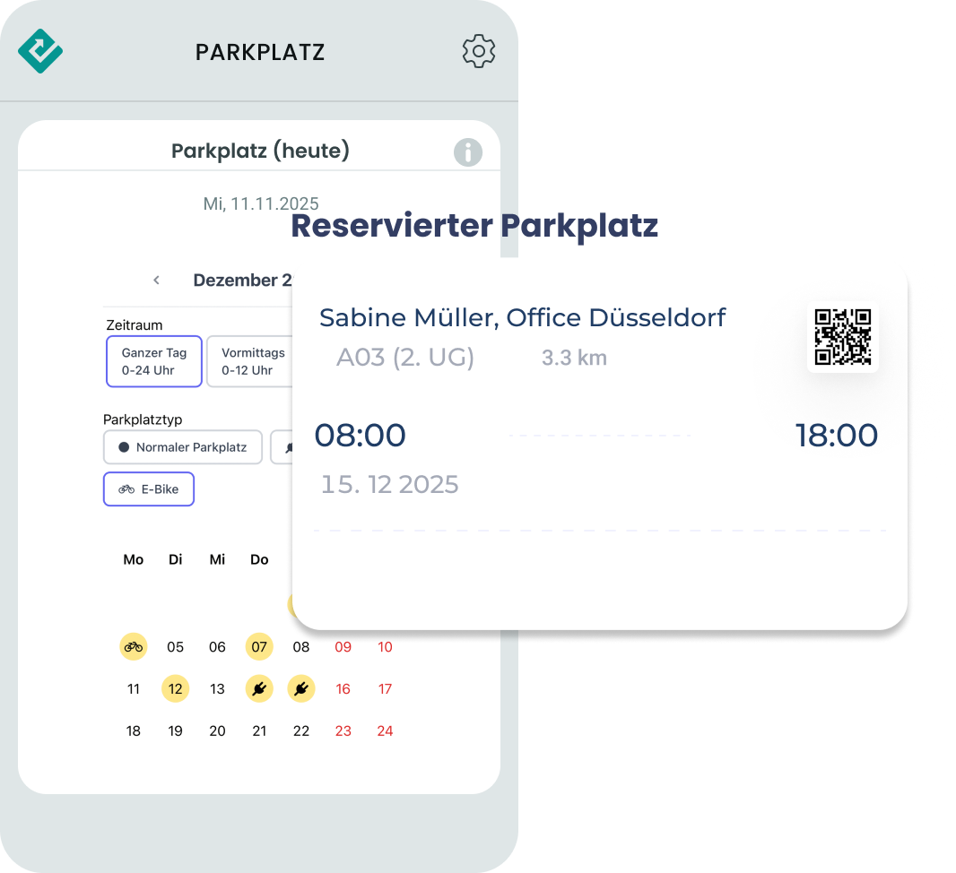 Mobile App-Ansicht, die Details eines reservierten Parkplatzes zeigt: Reserviert für Sabine Müller auf Platz A03 (2. UG) am 15.12.2025 von 08:00 bis 18:00 Uhr, inklusive QR-Code.
