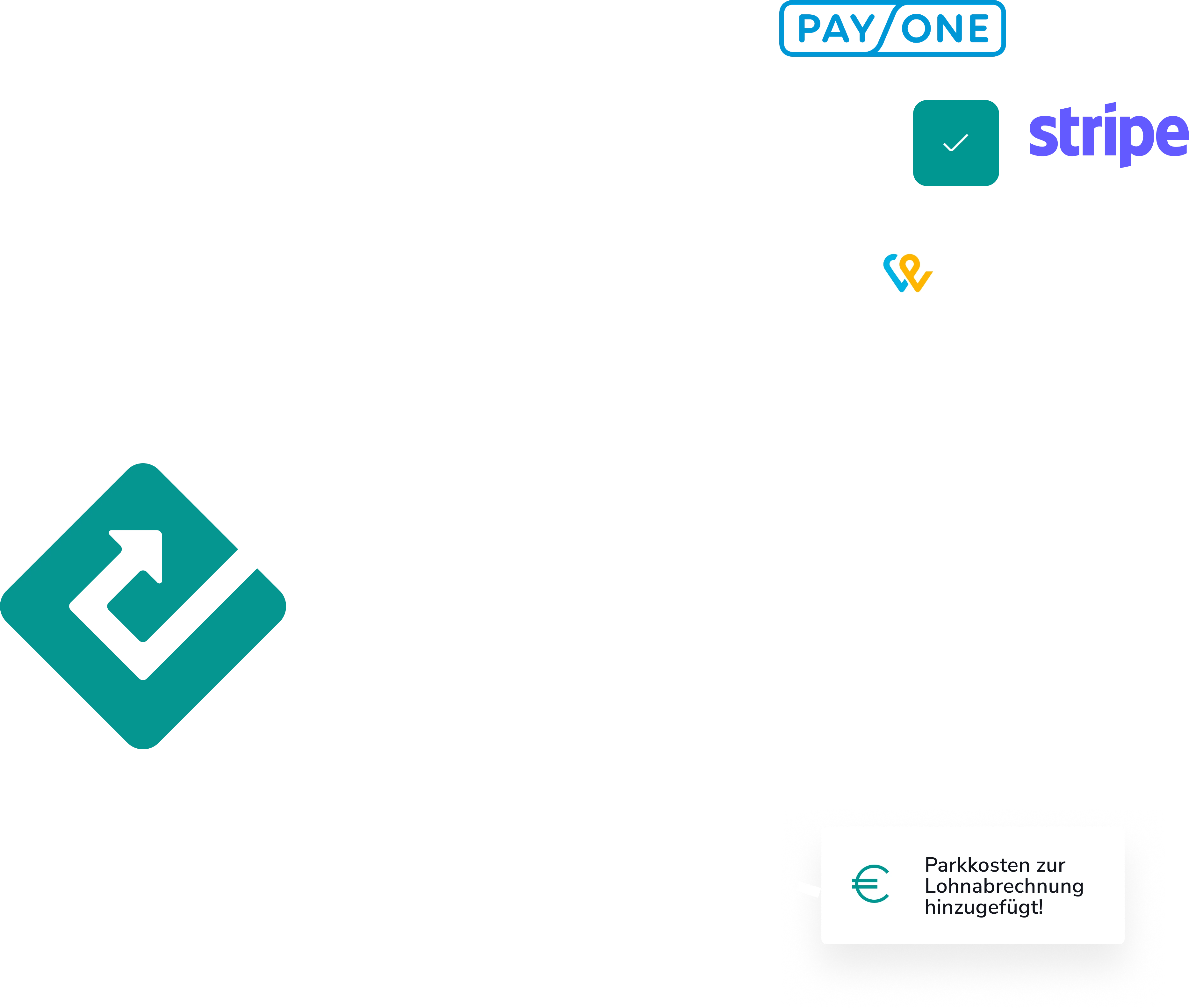 Diagramm der Finanzdatenverarbeitung: Das zentrale System empfängt Daten von den Zahlungsanbietern PayOne, Stripe und TWINT und leitet die Parkkosten zur Lohnabrechnung weiter.
