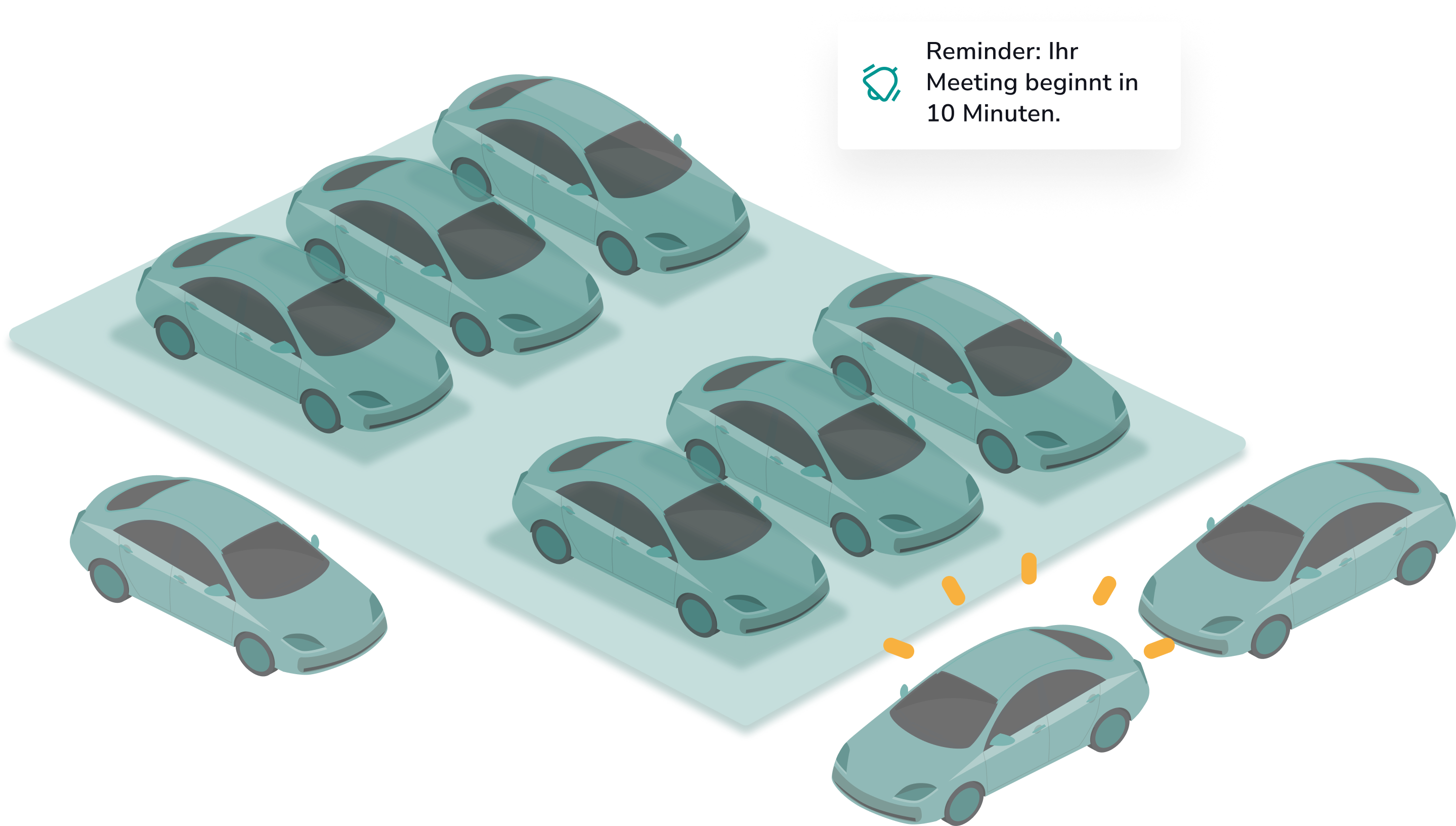 Isometrische Grafik von geparkten Autos, bei der ein Auto hervorgehoben ist. Eine Benachrichtigung (Reminder) erscheint mit dem Text: "Ihr Meeting beginnt in 10 Minuten."