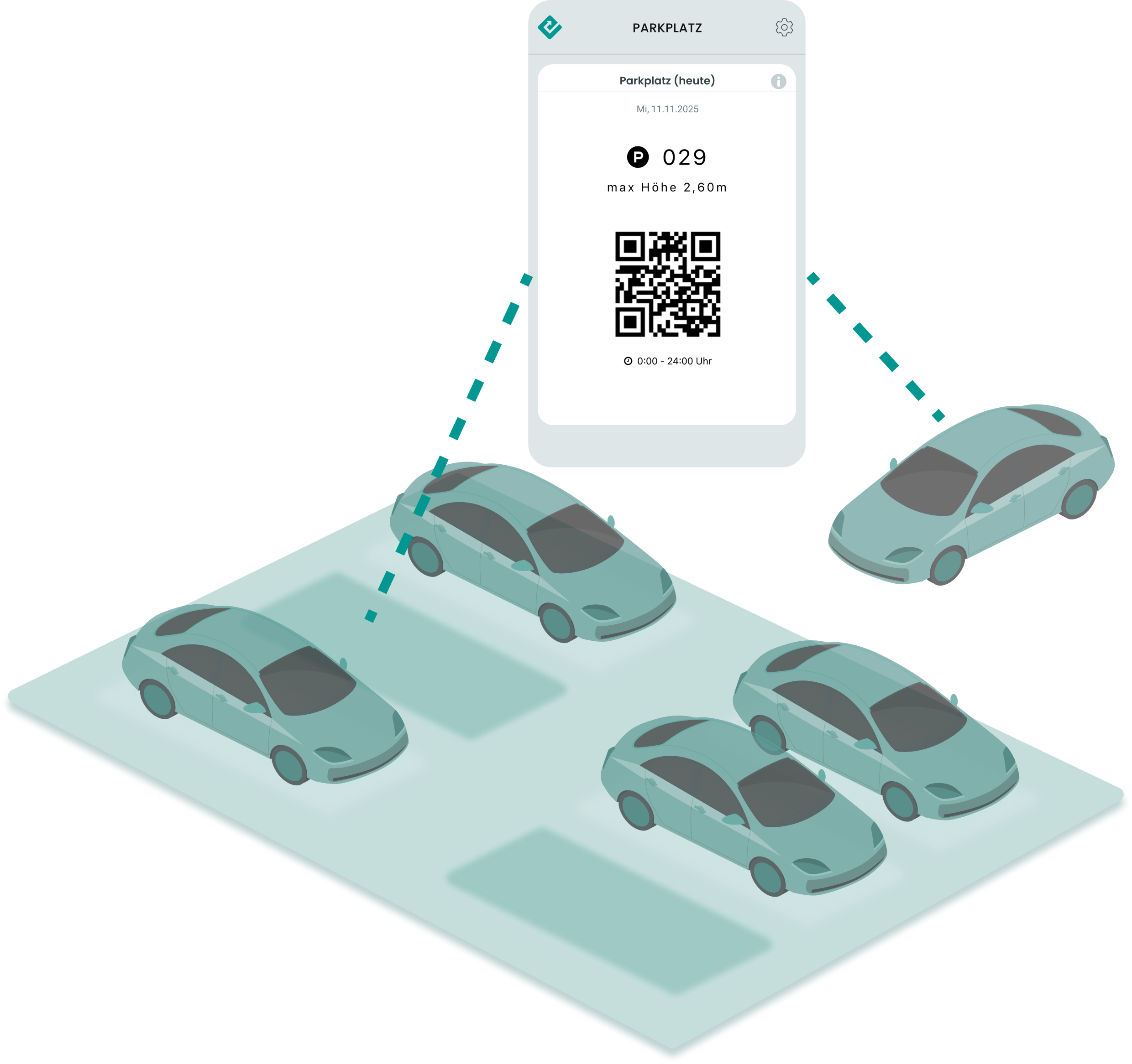 Mobile App-Ansicht eines digitalen Parkscheins (P 029, 11.11.2025) mit einem großen QR-Code, der über einem Parkfeld mit mehreren Autos dargestellt wird.