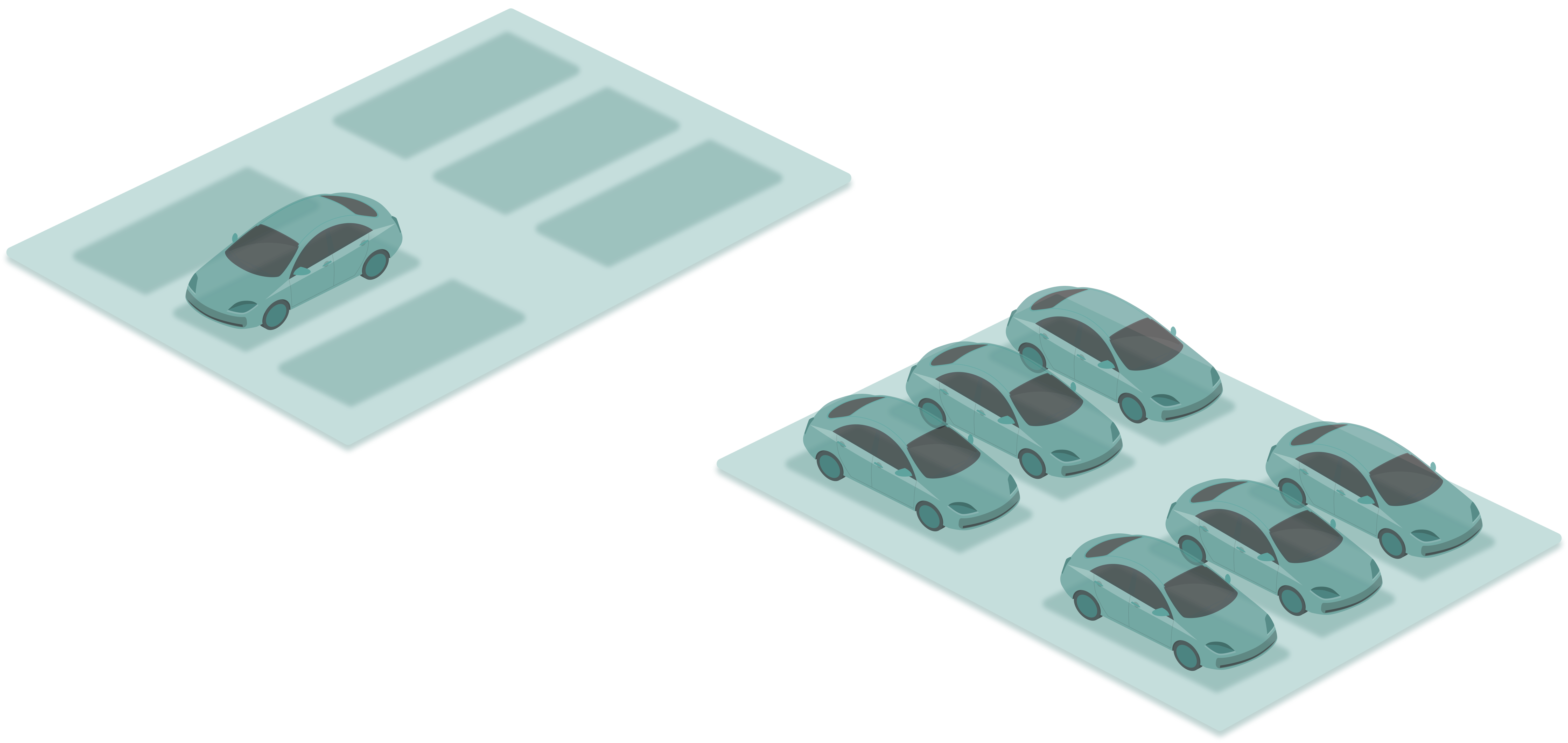 Isometrische Grafik, die zwei Parkbereiche zeigt: eine kleine Fläche mit einem Auto und eine größere, vollständig belegte Fläche mit sechs Autos.