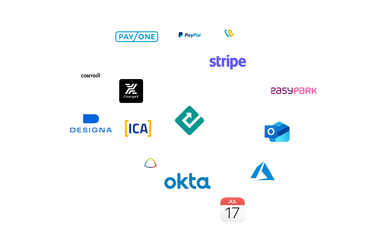 Ein Cluster verschiedener SaaS- oder CRM-Logos, wie z. B. Microsoft Teams, Outlook, PayPal oder ChargeX und ähnlichen Business-Anwendungen, die auf eine Integrationsplattform oder ein Backend-System hindeuten.