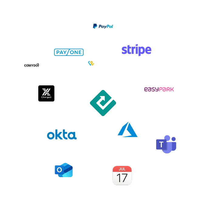 Ein Cluster verschiedener SaaS- oder CRM-Logos, wie z. B. Microsoft Teams, Outlook, PayPal oder ChargeX und ähnlichen Business-Anwendungen, die auf eine Integrationsplattform oder ein Backend-System hindeuten.