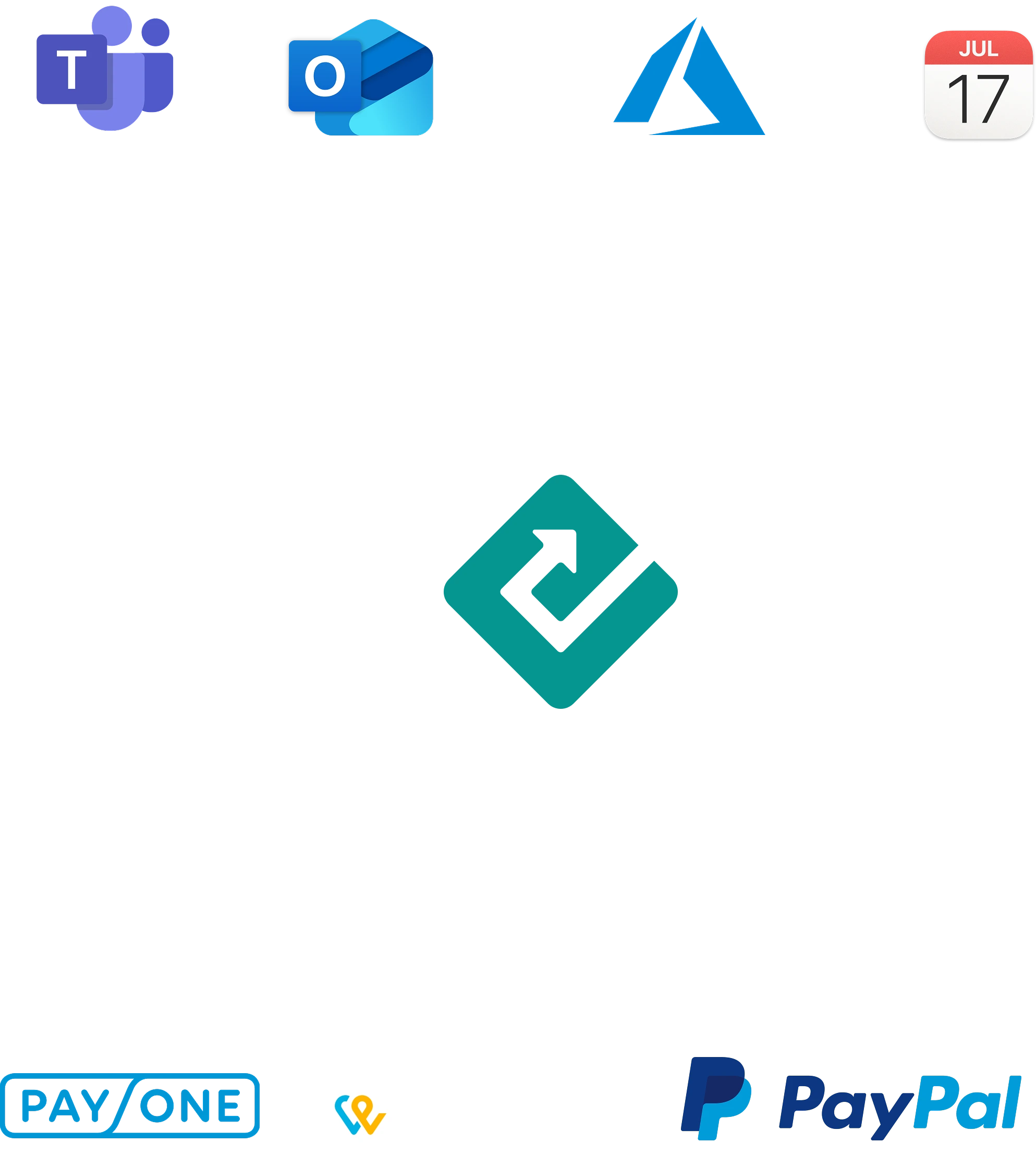 Symbole, die eine Kommunikations- und Cloud-Integrationsschicht darstellen: Microsoft Teams (Kommunikation), Outlook (E-Mail/Kalender), Azure Cloud (Infrastruktur/Hosting) und ein generisches Kalender-Icon.