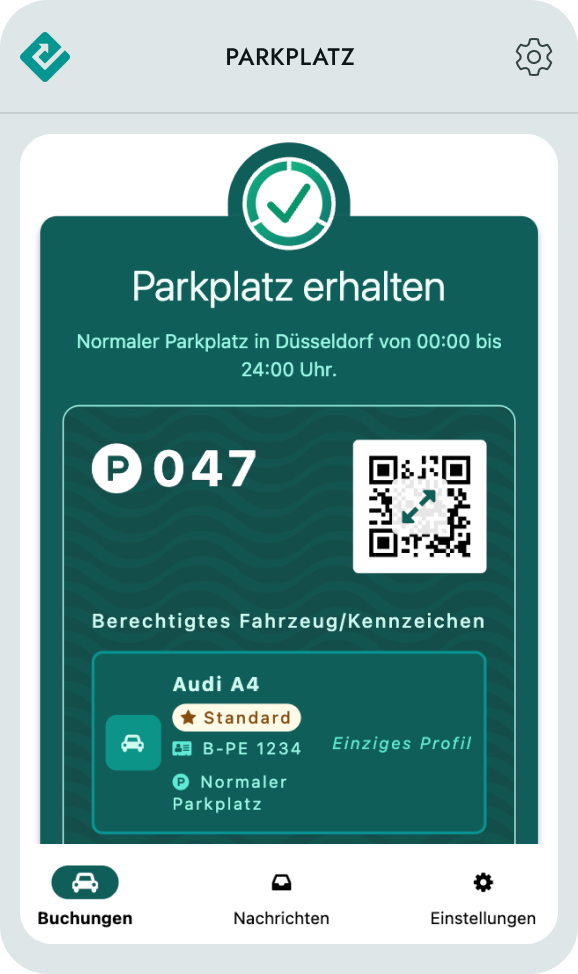 Man sieht einen Ausschnitt der ParkEfficient App. Im Zentrum steht ein QR-Code und die Informationen des gebuchten Parkplatzes.