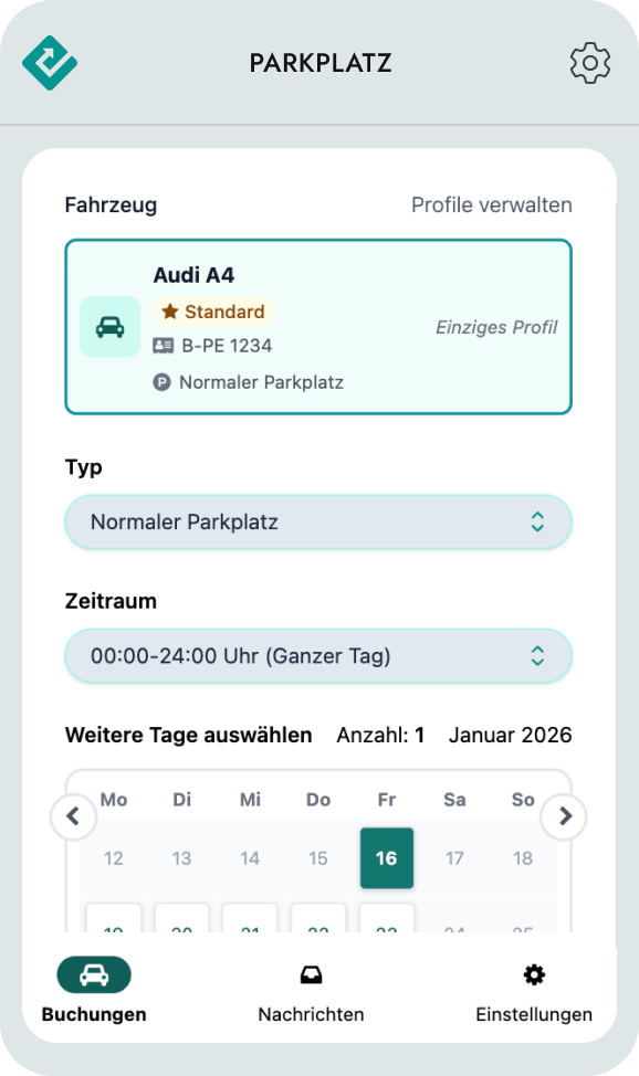 Man sieht einen Ausschnitt der mobilen ParkEfficient App. Zu sehen ist der Buchungsprozess. Der User kann zwischen verschiedenen Buchungsoptionen wählen. Dazu gehören die ganztägige oder halbtägige Buchung, die Wahl des Fahrzeugs oder die Auswahl des Buchungstages via Kalender.