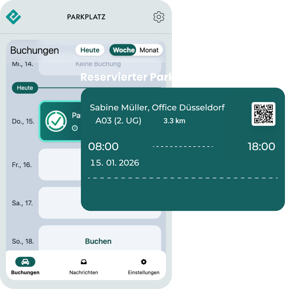 Mobile App-Ansicht, die Details eines reservierten Parkplatzes zeigt: Reserviert für Sabine Müller auf Platz A03 (2. UG) am 15.12.2025 von 08:00 bis 18:00 Uhr, inklusive QR-Code.