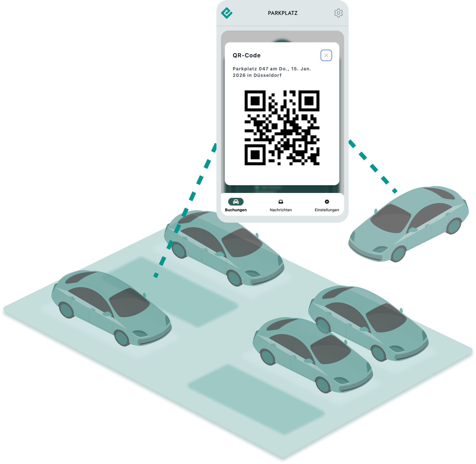 Mobile App-Ansicht eines digitalen Parkscheins (P 029, 11.11.2025) mit einem großen QR-Code, der über einem Parkfeld mit mehreren Autos dargestellt wird.