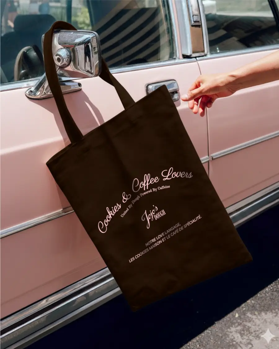 Tote bag Jojo’s Dough logotypé accroché à une voiture rose, issu d’un projet de merchandising de marque