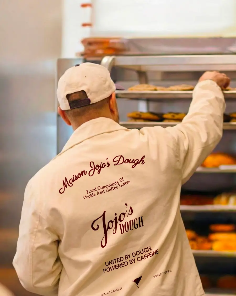 Membre de l’équipe Jojo’s Dough en cuisine, portant une veste logotypée devant des plaques de cookies