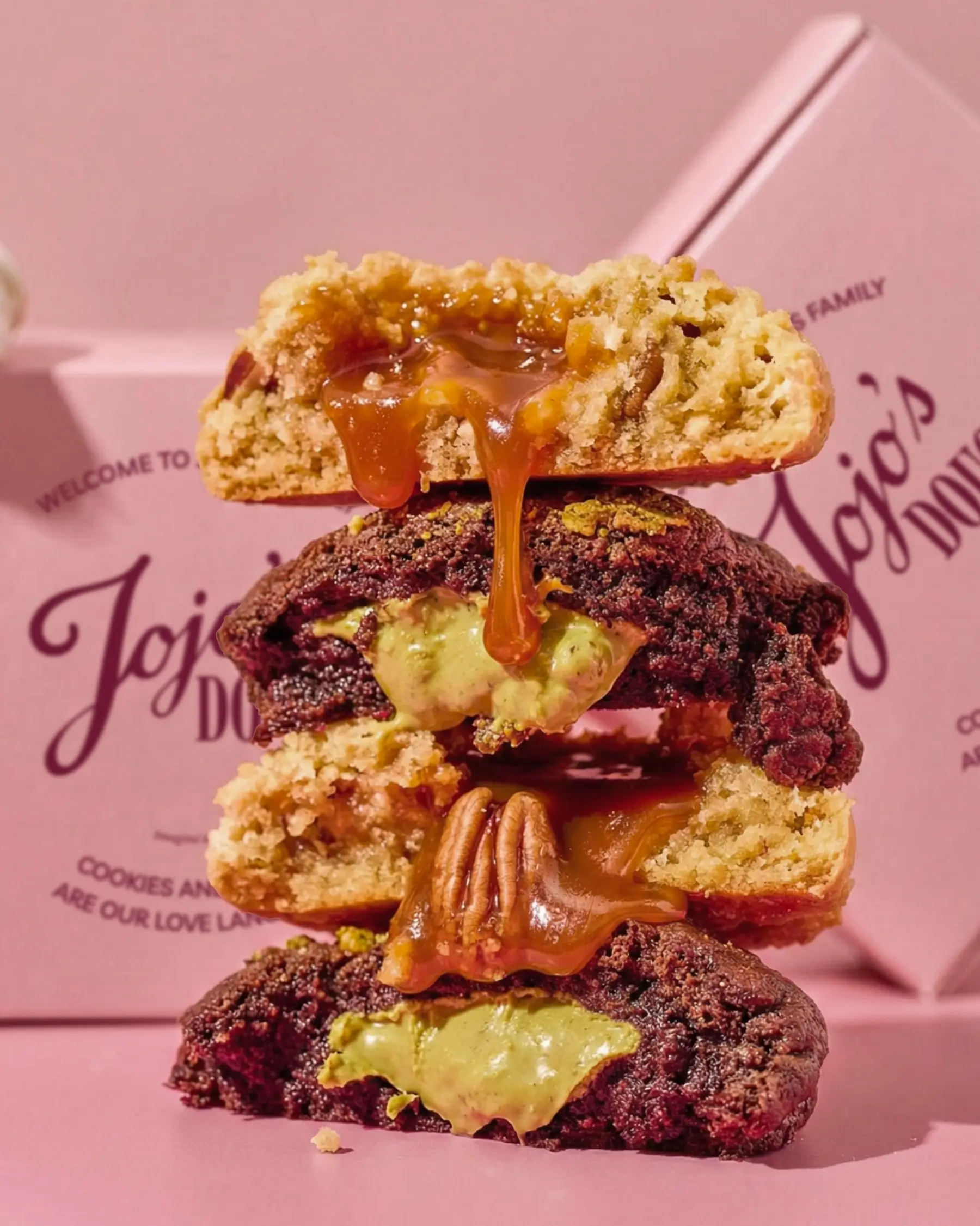 Cookies Jojo’s Dough coupés et empilés avec cœur fondant, mis en scène devant leur packaging rose