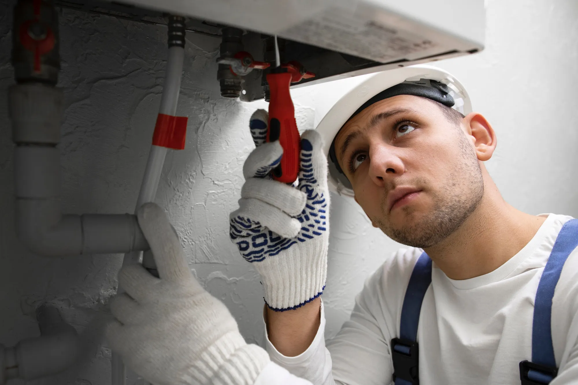 Male plumber wearing a hard hat and gloves working with a red-handled wrench on plumbing pipes.