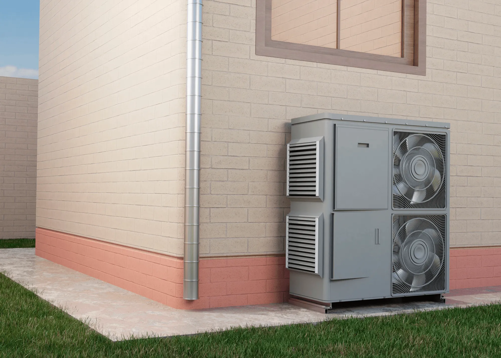 Outdoor HVAC unit with two large fans installed beside a beige brick house with a metal downspout.