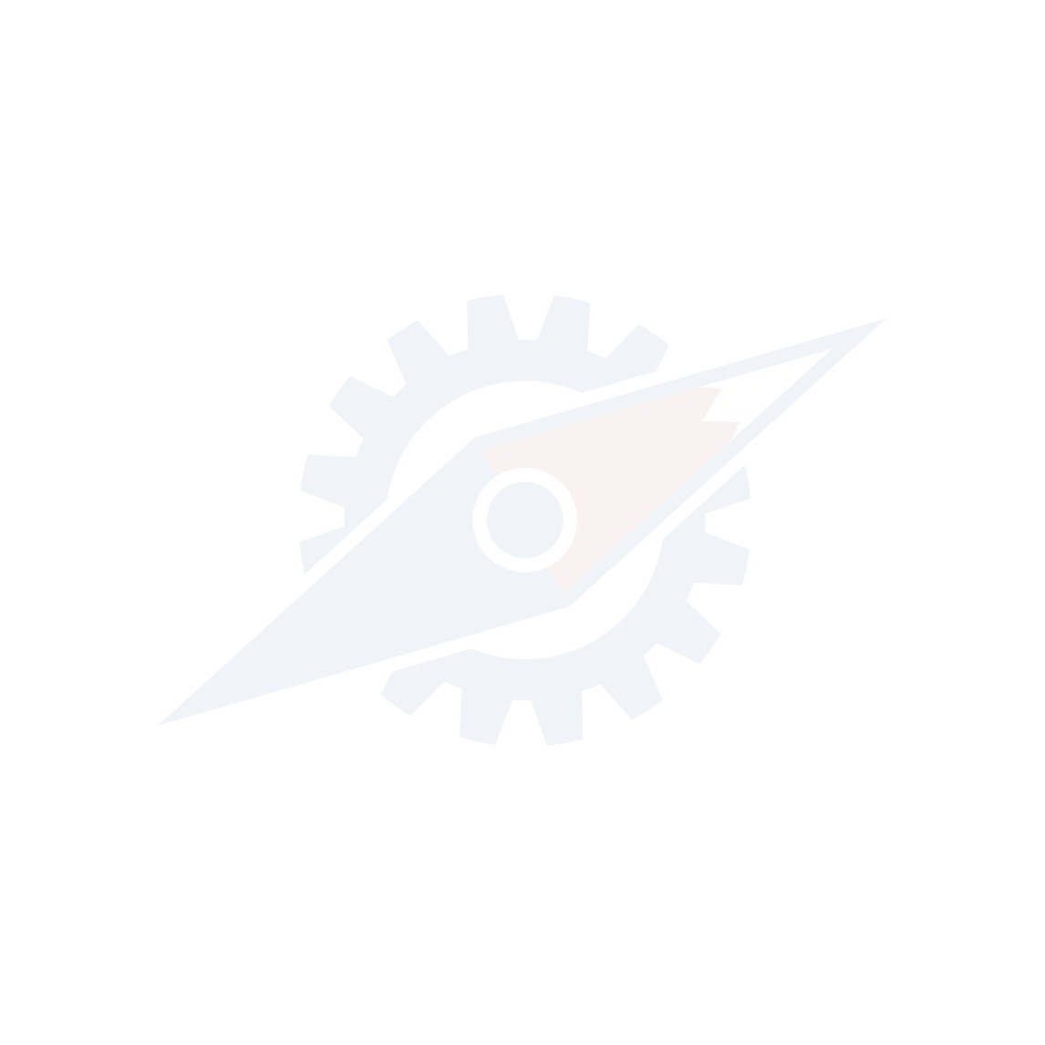Blue gear with a stylized compass needle having a blue left side and a red right side with a white tip.