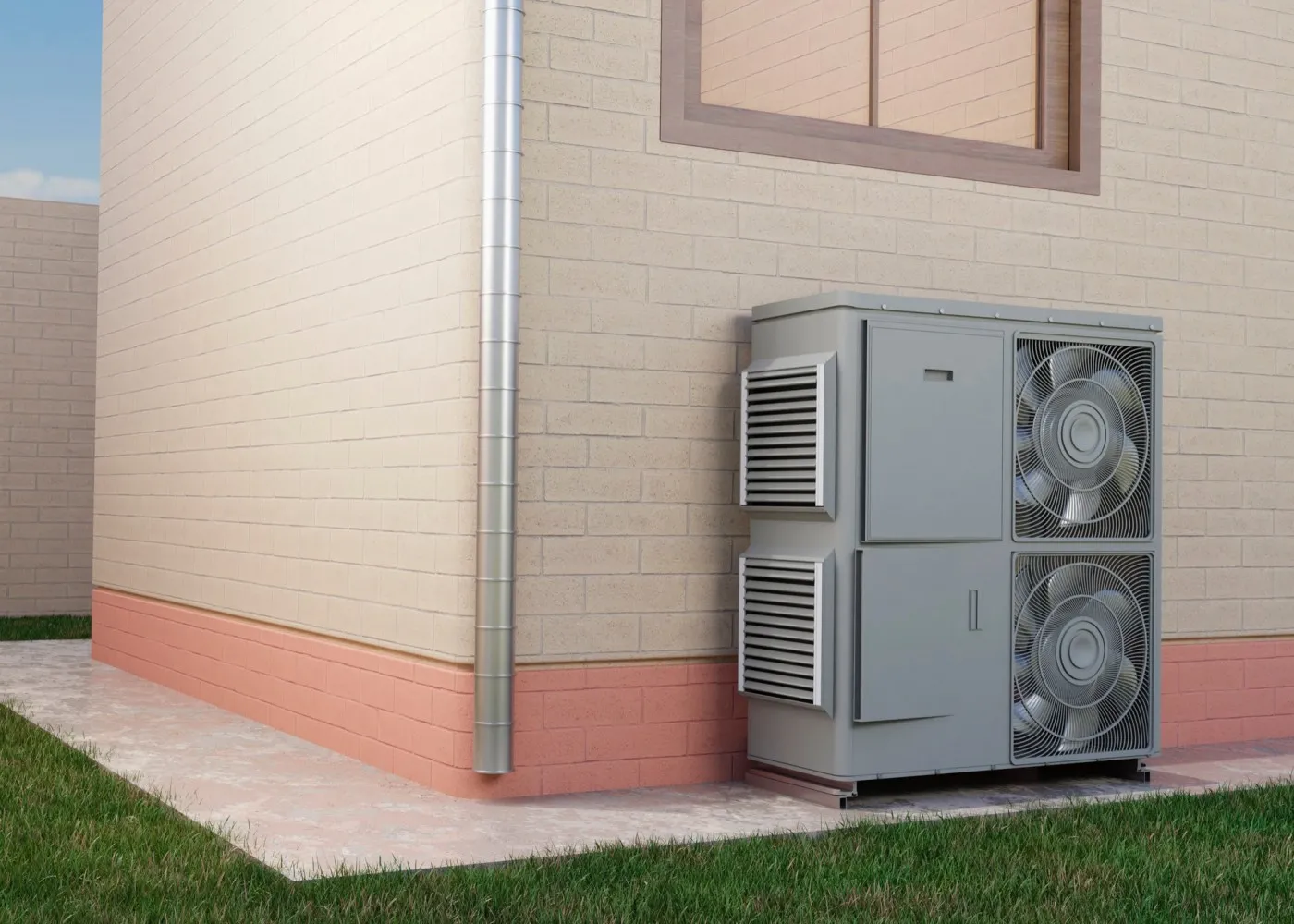 Outdoor air conditioning unit with two large fans next to a beige brick house with a window and metal downspout.