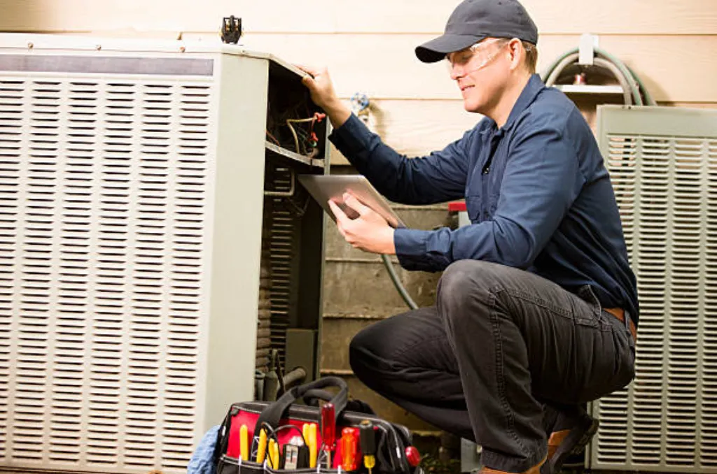Technician wearing safety glasses and a cap inspecting an air conditioning unit while holding a tablet, with a tool bag on the ground nearby.