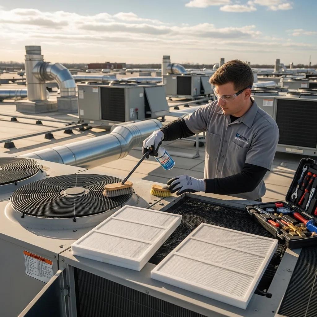 Technician performing maintenance on a rooftop unit, cleaning coils and replacing filters