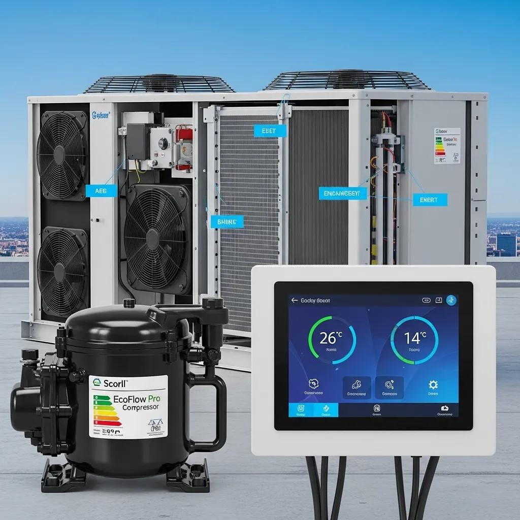 Close-up of modern energy-efficient rooftop unit technologies, including high-efficiency compressors and smart controls