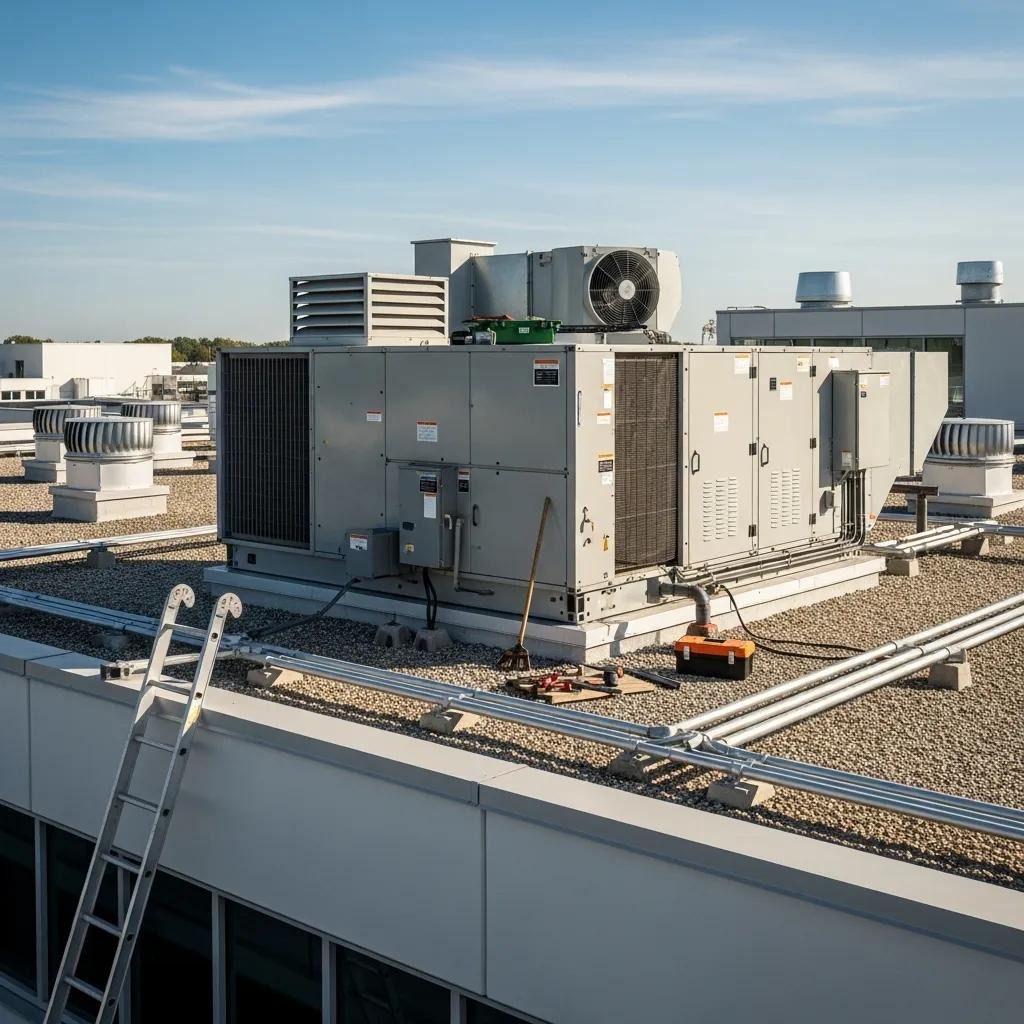 Commercial rooftop unit on a building under a clear blue sky, highlighting the importance of maintenance
