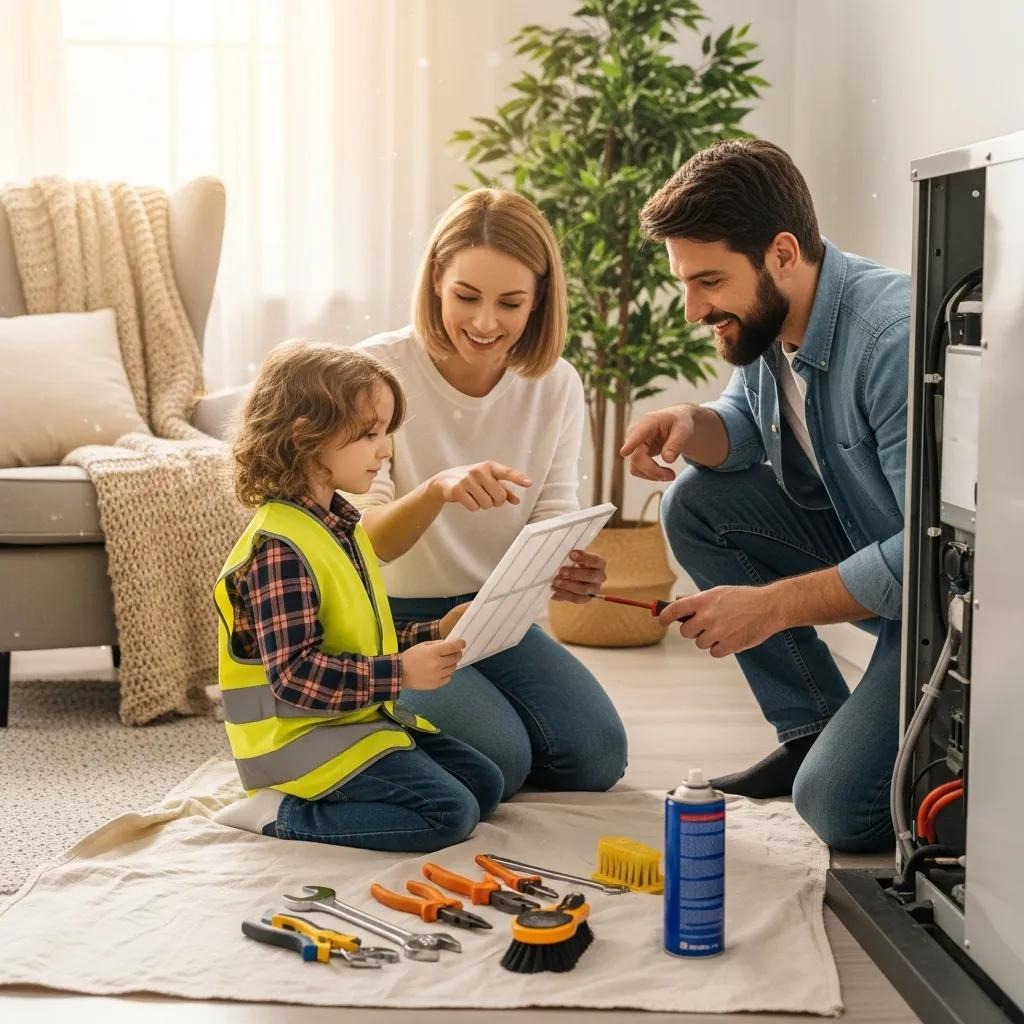 Family engaging in seasonal HVAC maintenance at home
