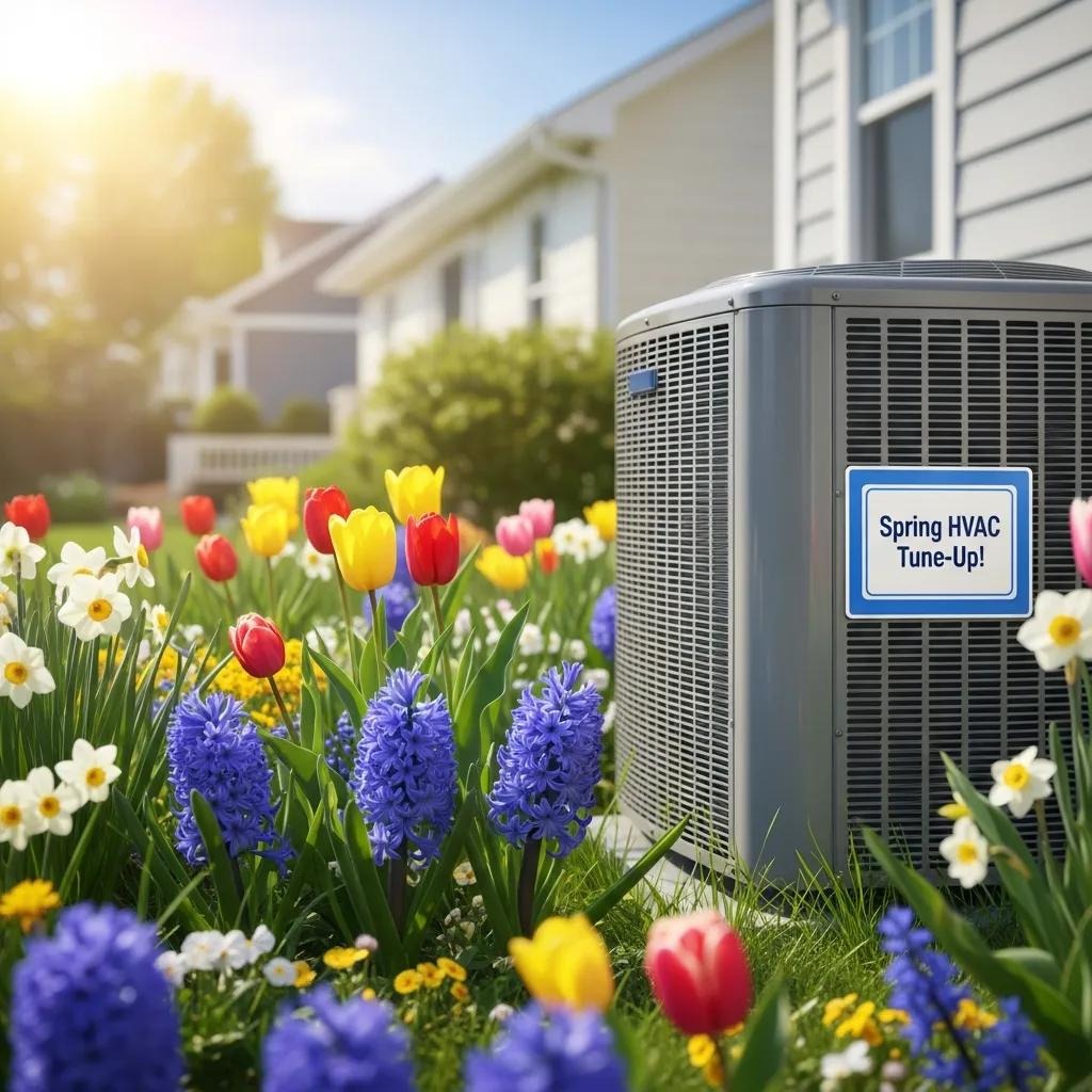 Springtime HVAC maintenance tips with a blooming outdoor unit