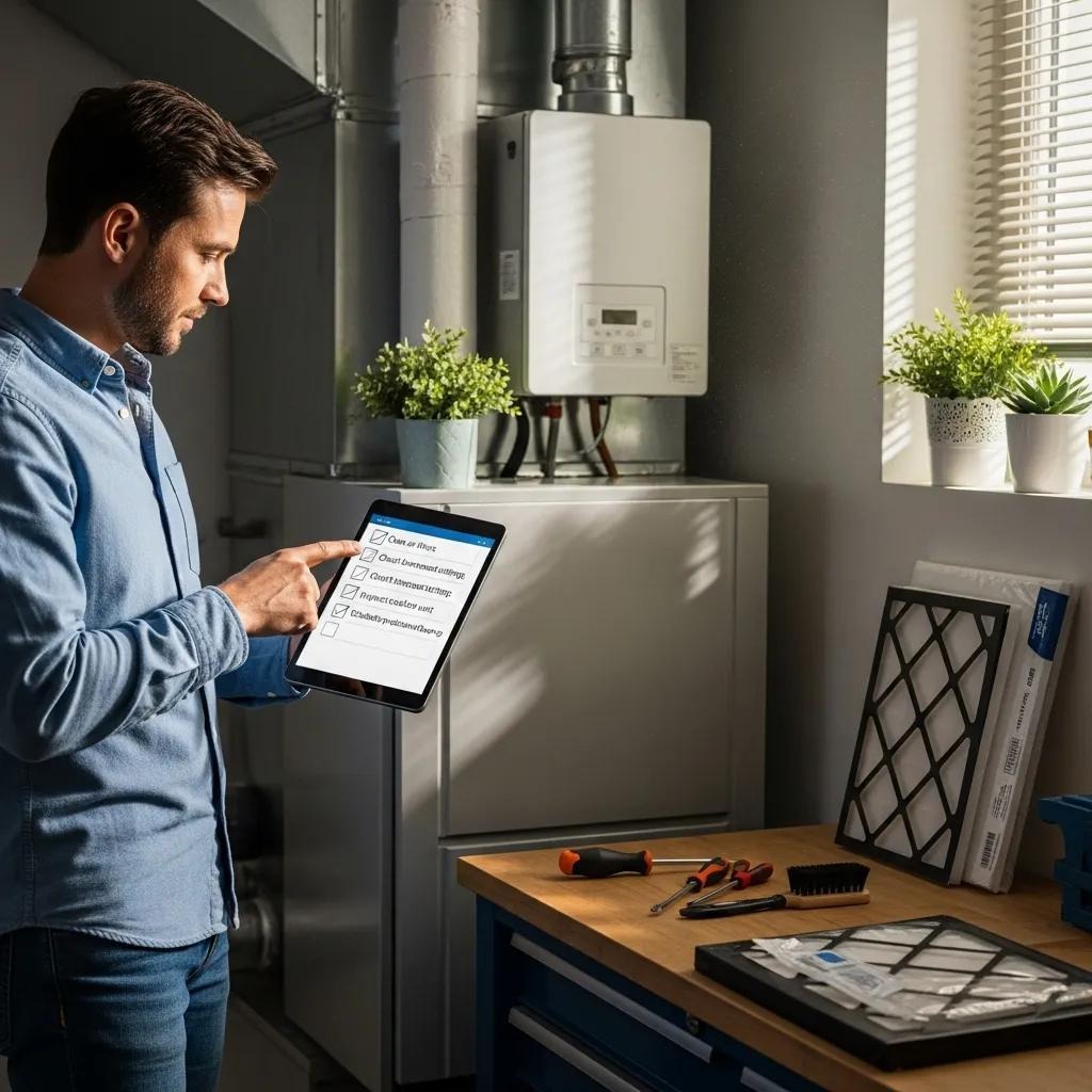 Homeowner reviewing a seasonal HVAC maintenance checklist