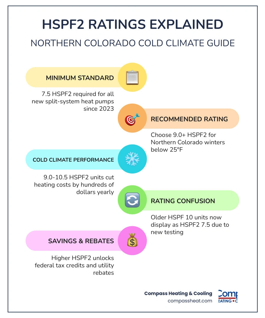 HSPF2 explained infographic: rating scale, minimum requirements, and Northern Colorado recommendations infographic