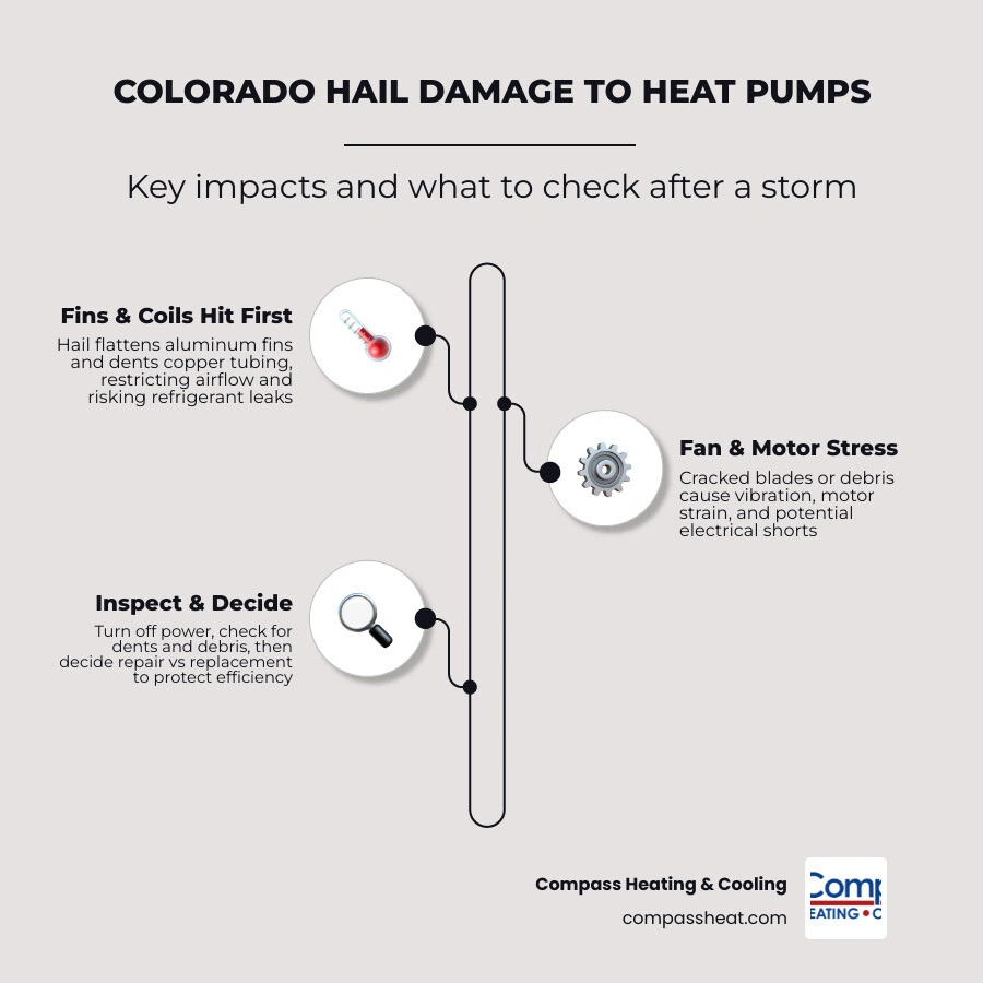 Infographic showing how hail flattens heat pump condenser fins and restricts airflow in Colorado storms infographic