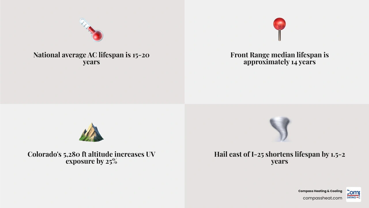 Infographic comparing AC lifespan on Colorado Front Range vs national average, showing key climate factors like hail, UV