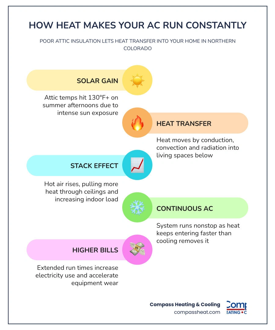 Infographic showing how poor attic insulation causes AC to run constantly in a Northern Colorado home via heat transfer and