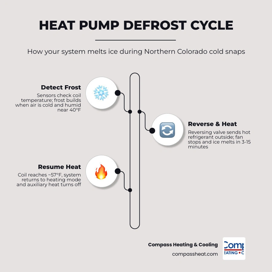 Infographic showing the 6-step heat pump defrost cycle sequence from frost detection to heating mode resume infographic Infographic showing the 6-step heat pump defrost cycle sequence from frost detection to heating mode resume infographic