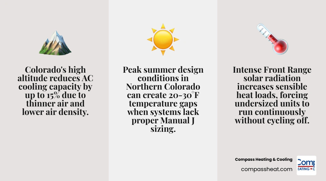 Infographic showing 7 signs of an undersized AC unit in a Colorado home and how altitude reduces cooling capacity infographic Infographic showing 7 signs of an undersized AC unit in a Colorado home and how altitude reduces cooling capacity infographic