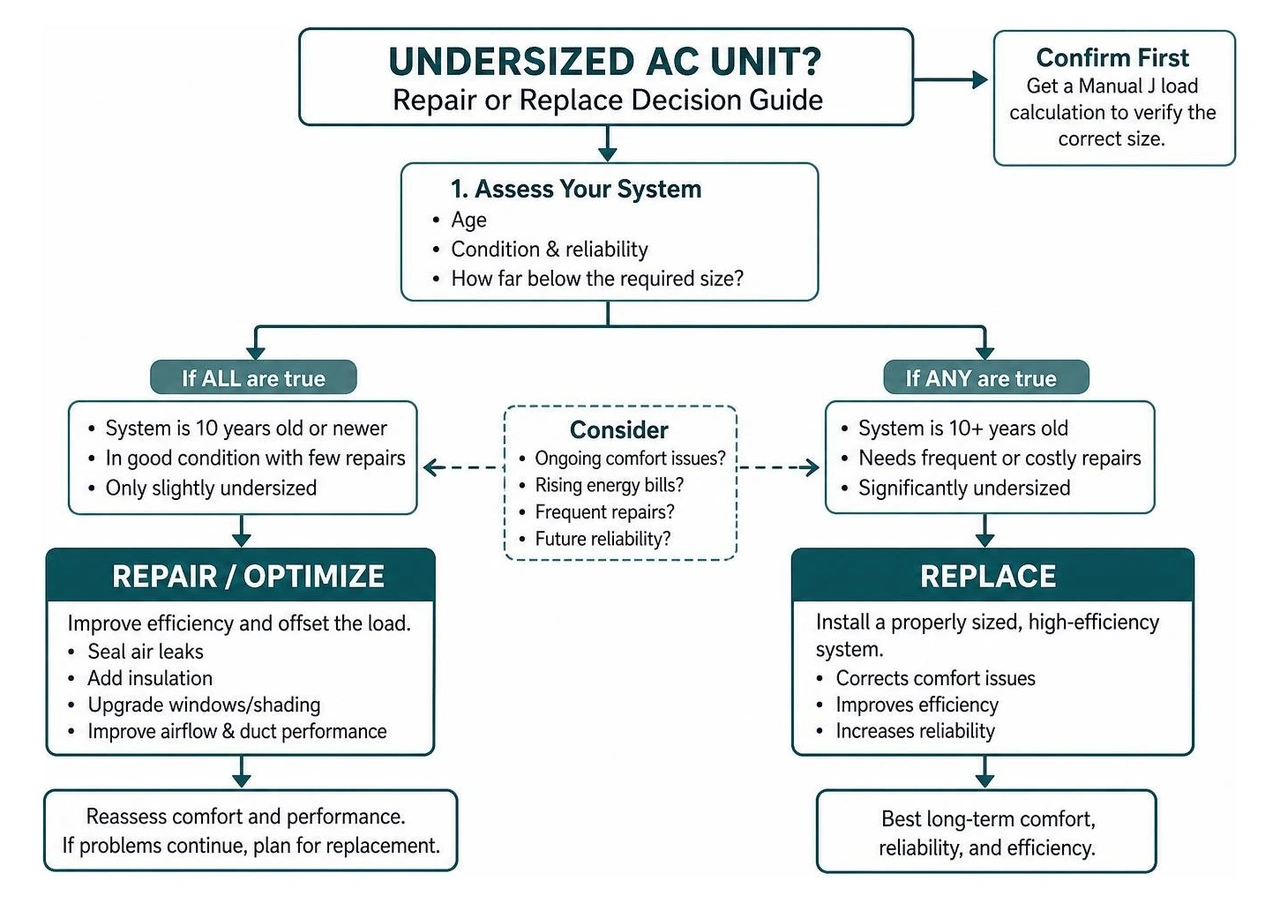 Diagram showing the decision process: when to repair vs when to replace an undersized AC unit Diagram showing the decision process: when to repair vs when to replace an undersized AC unit