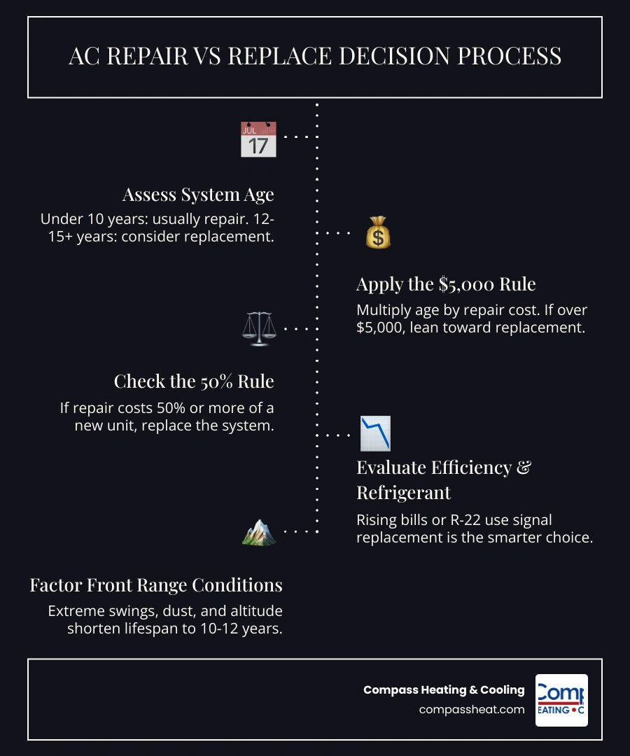 AC repair vs replace decision framework infographic for Northern Colorado homeowners infographic AC repair vs replace decision framework infographic for Northern Colorado homeowners infographic