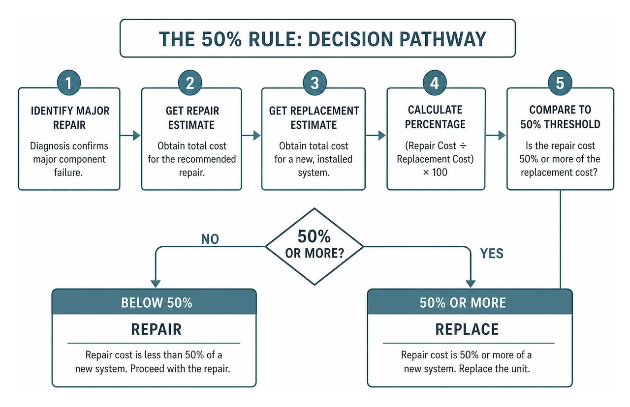 A diagram showing the step-by-step decision pathway for the 50% rule in HVAC systems A diagram showing the step-by-step decision pathway for the 50% rule in HVAC systems