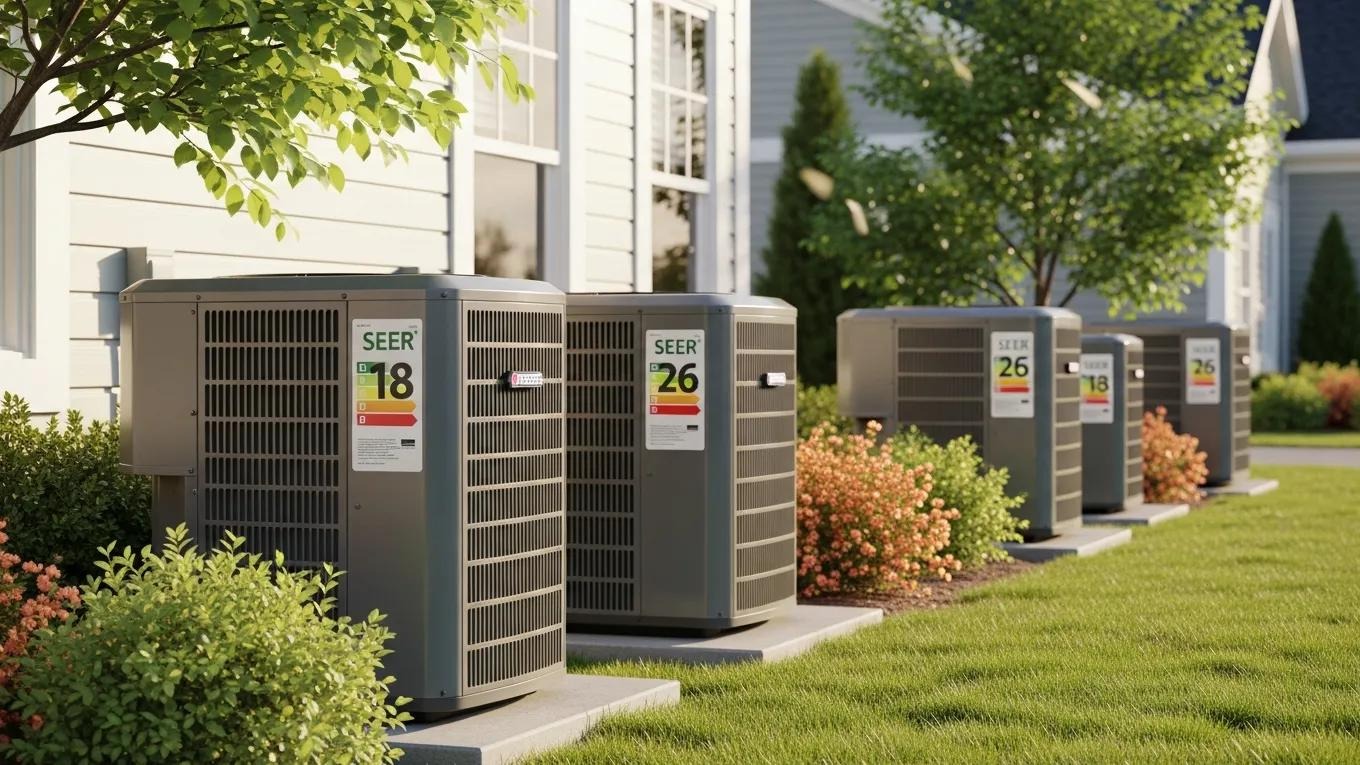 Energy-efficient central air conditioning units with visible SEER ratings in a residential outdoor setting