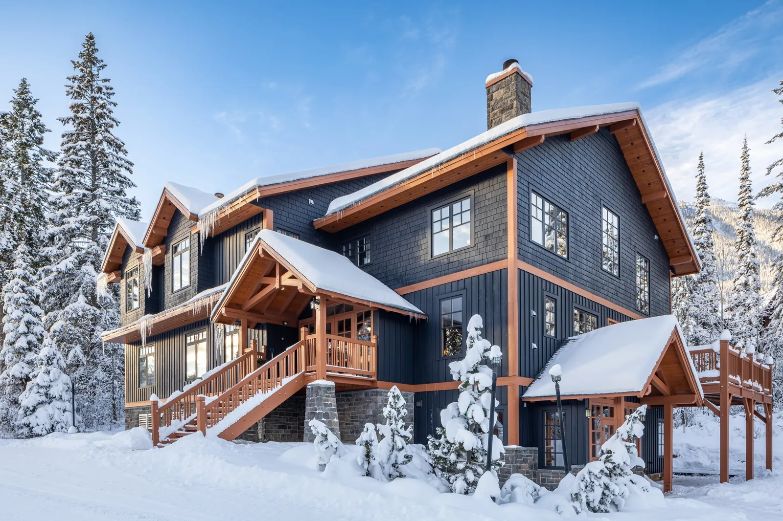 Copper Horse Lodge exterior and stairs in winter