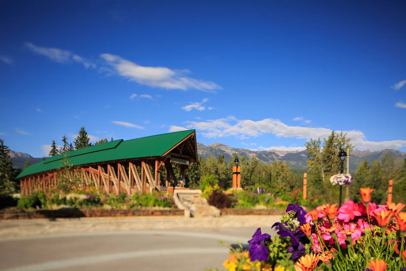 Covered timber pedestrian bridge in downtown Golden
