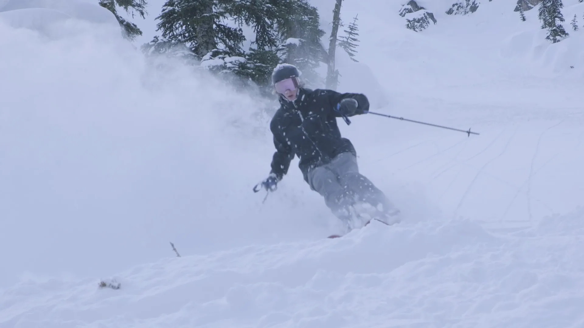 Skier turning through powder among snow-covered trees