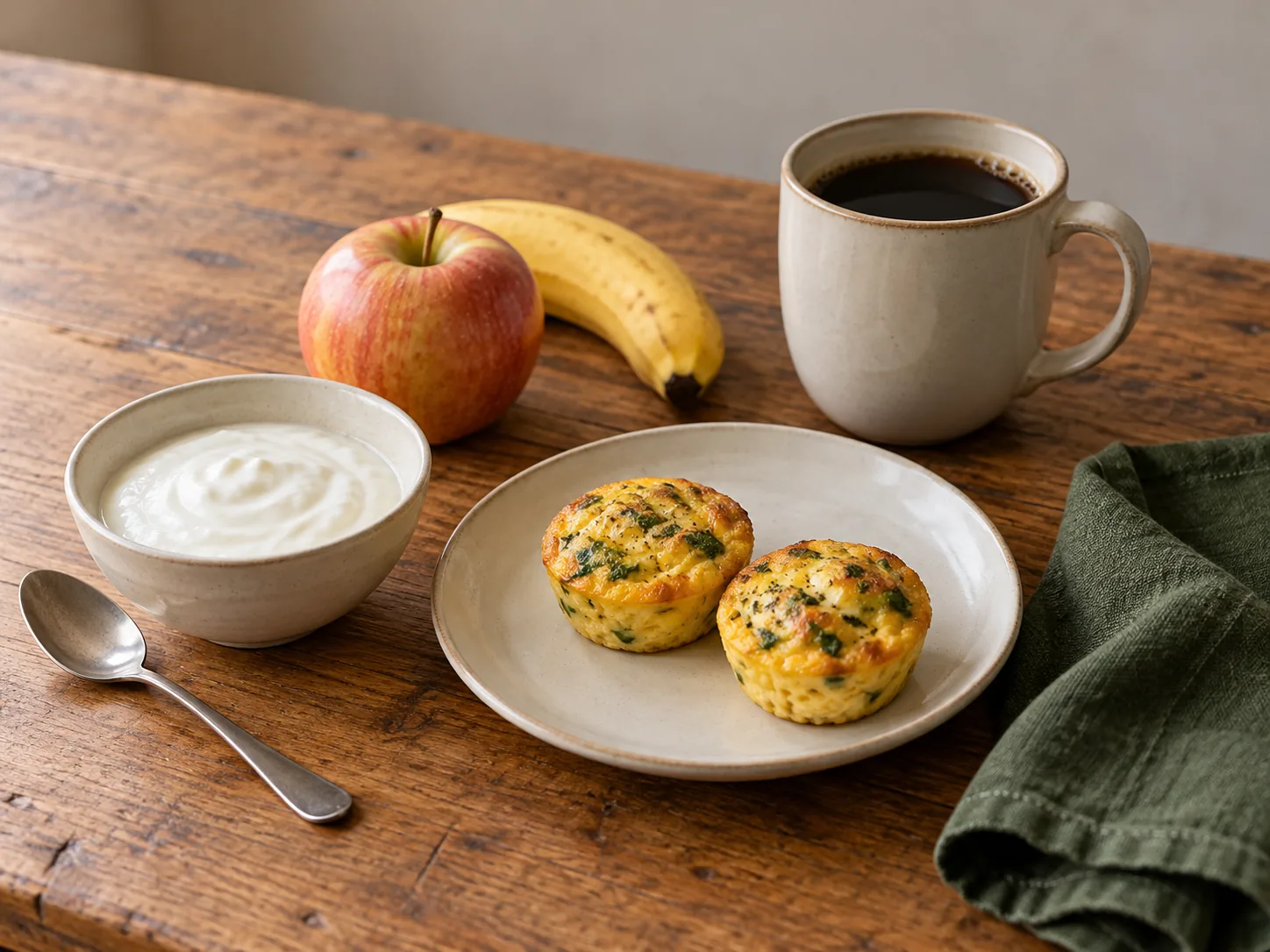 Yogurt, egg bites, coffee, apple and banana on a wooden breakfast table