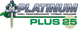 Logo with a silver-armored knight holding a timber round, text reading 'PLATINUM HIGH PERFORMANCE TIMBER ROUNDS' and 'PLUS 25' in green.