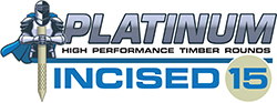 Platinum logo with a knight holding a sword, text reads High Performance Timber Rounds Incised 15.