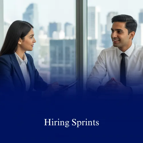 Two business professionals engaged in a discussion in an office with city skyline visible through the window, overlaid with text 'Hiring Sprints'.