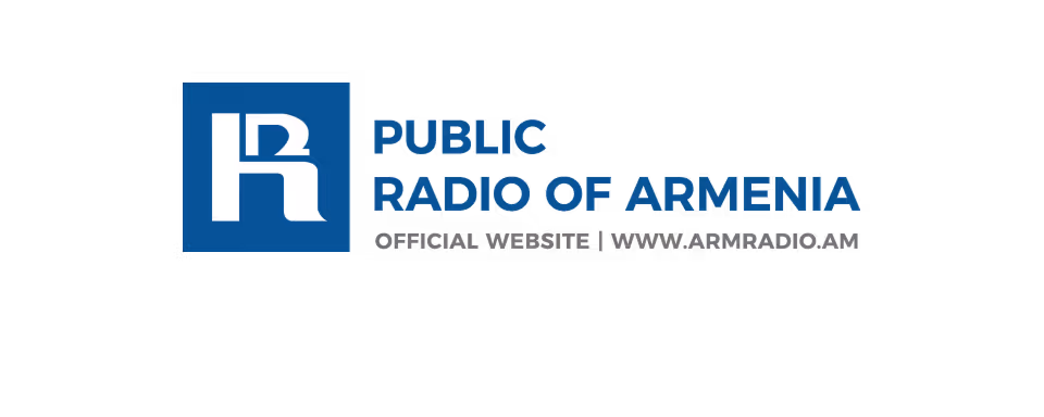 Logo of Public Radio of Armenia with stylized white letter 'R' on blue square and text 'Public Radio of Armenia' and website URL below.