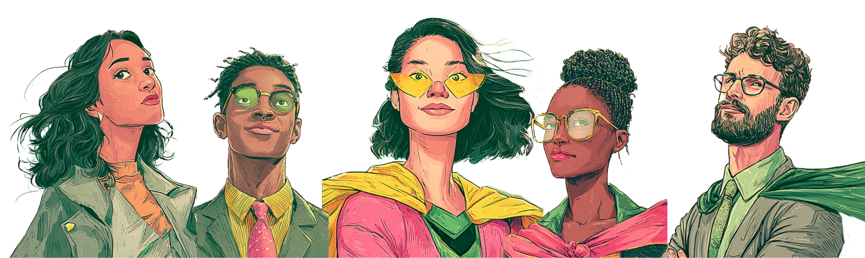 Illustration of five diverse confident individuals standing side by side, wearing colorful clothes and superhero-style capes.